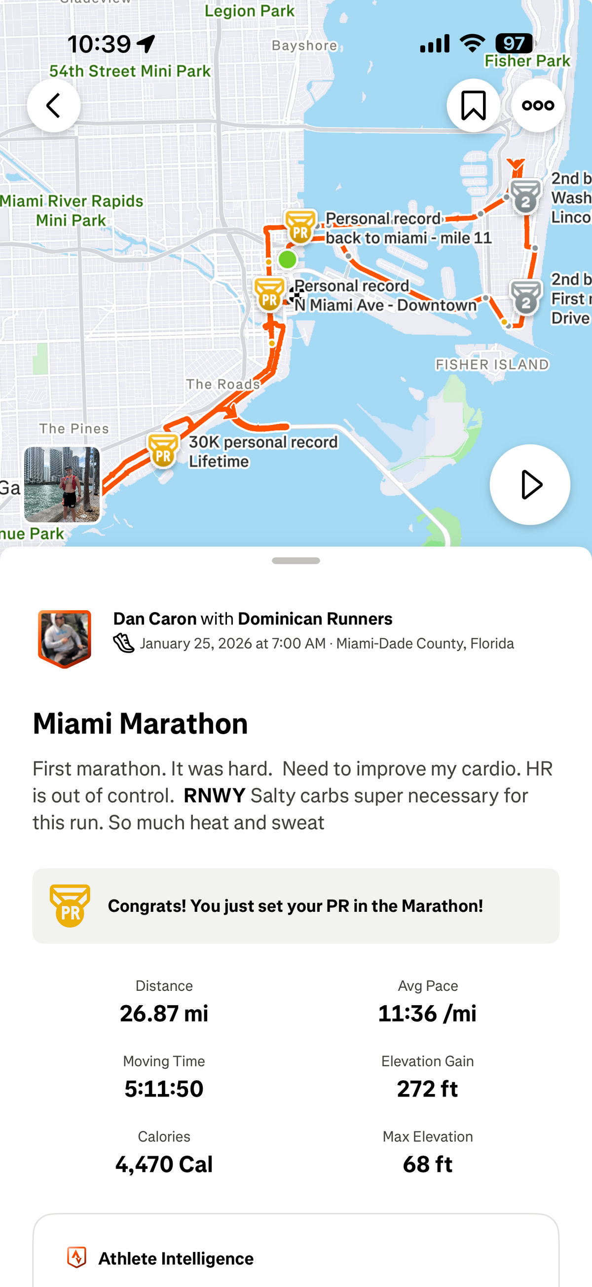 Stava data from Miami Marathon