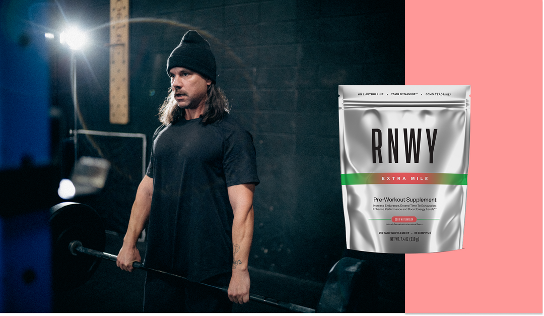 RNWY Extra Mile packaging next to a person working out