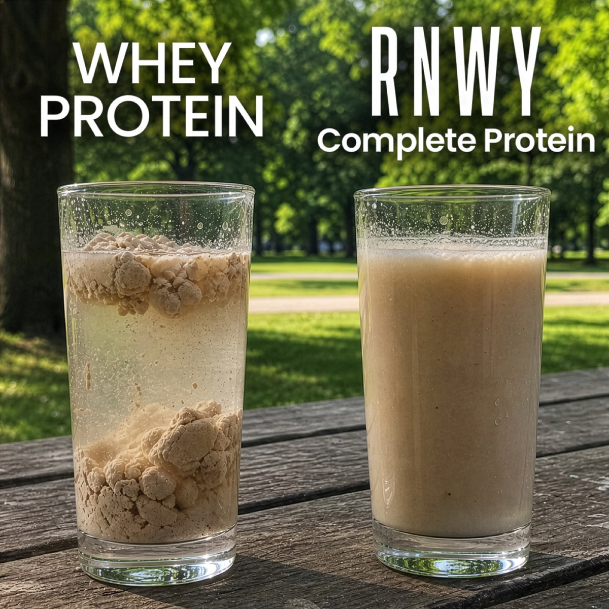 Whey protein clumping in water next to RNWY Complete Protein mixing smooth
