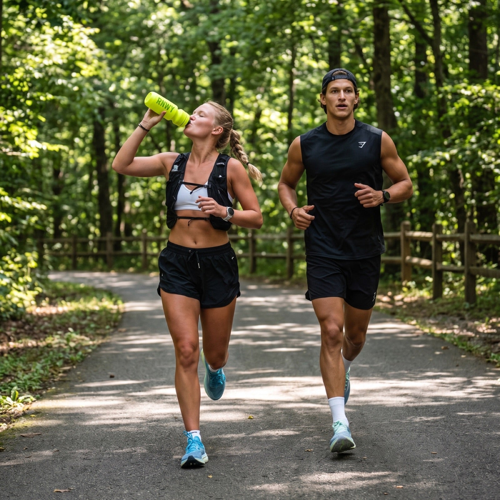 Two runners on a wooded trail, one drinking from an RNWY bottle