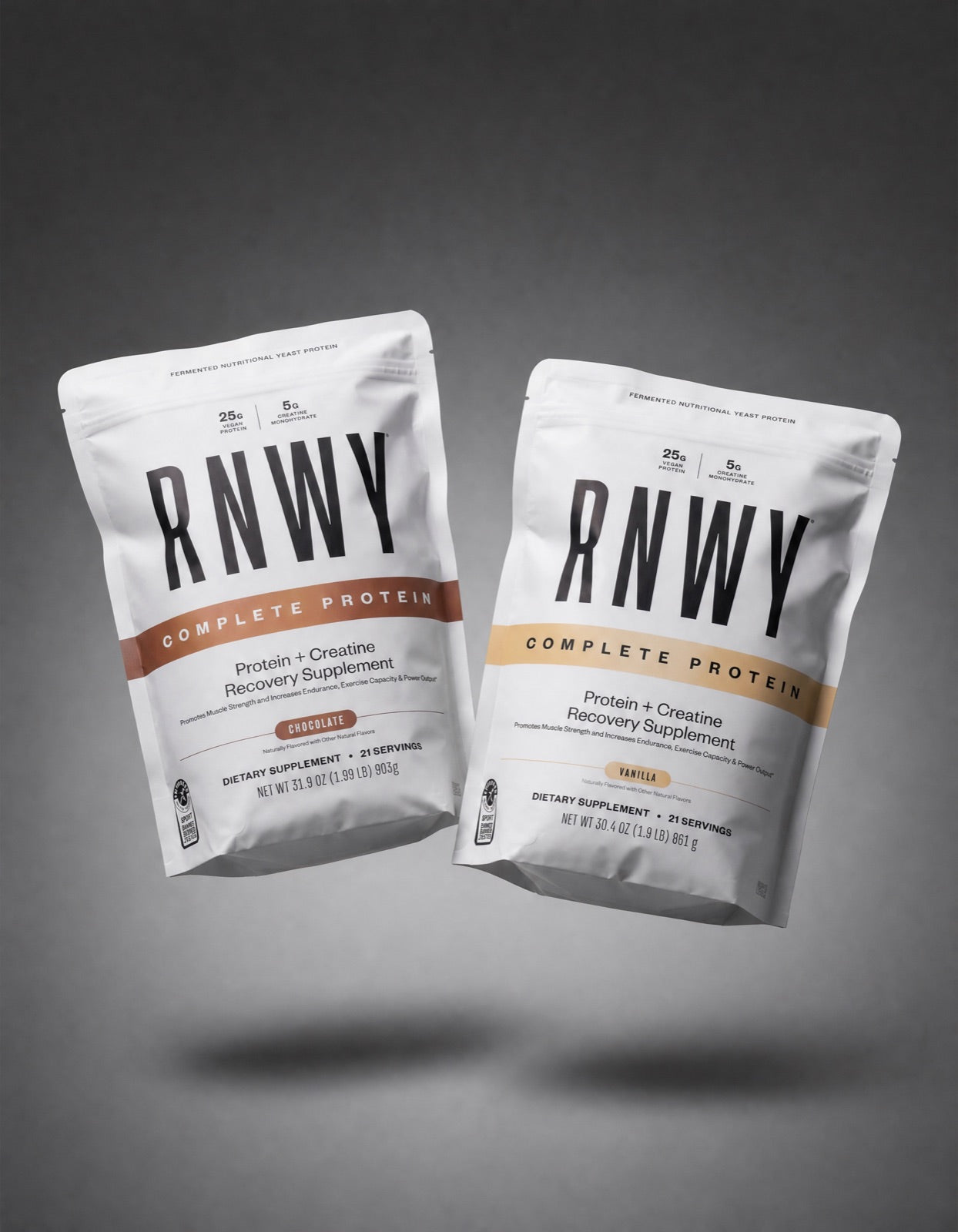 RNWY Complete Protein chocolate and vanilla bags side by side